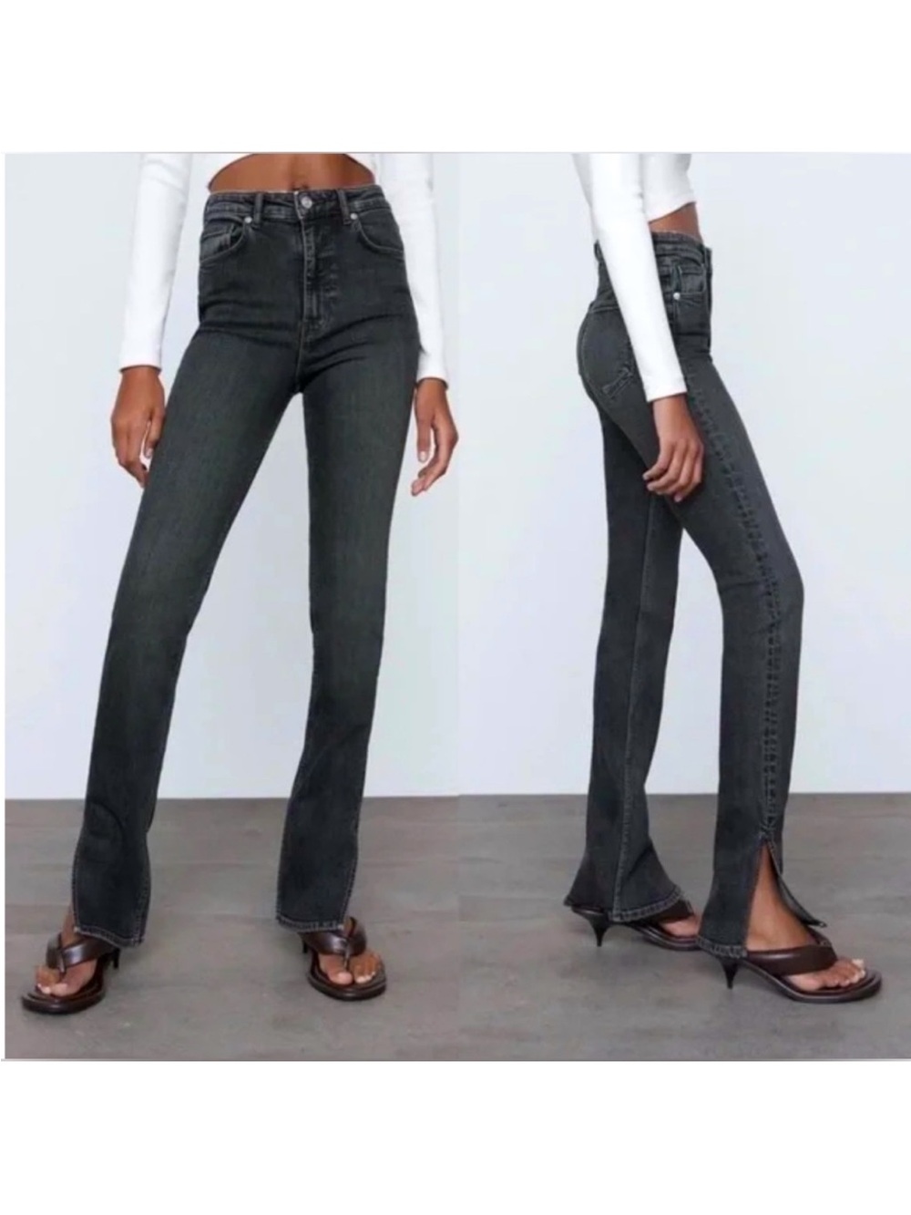 Zara black jeans high waisted with slits to create a flare